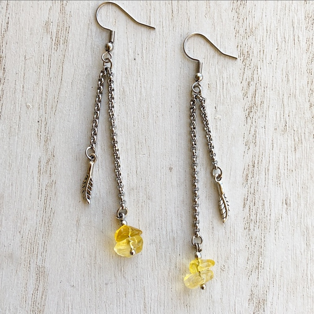 Dangly genuine citrine & feather earrings - Picture 5 of 7